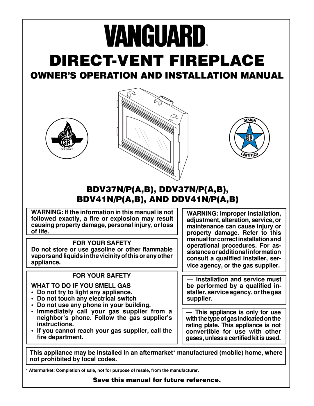 Desa B) installation manual Owner’S Operation And Installation Manual, BDV37N/PA,B, DDV37N/PA,B, Direct-Ventfireplace 