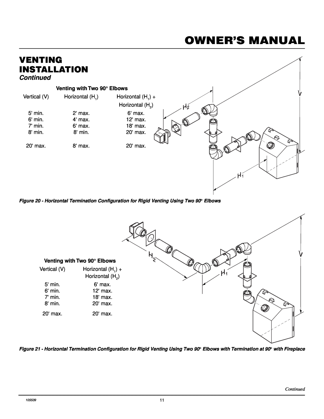 Desa BDV37N/P, BDV41N/P, DDV37N/P, DDV41N/P, B) installation manual Venting Installation, Continued, Venting with Two 90 Elbows 