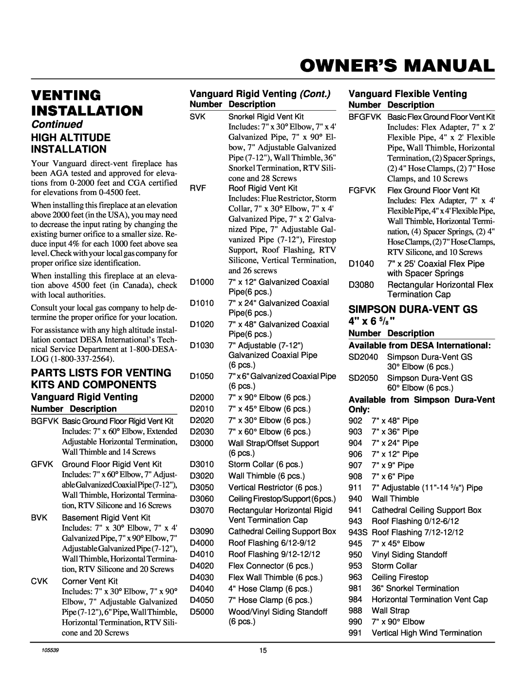 Desa BDV41N/P, BDV37N/P, B) Venting Installation, Continued, Vanguard Rigid Venting Cont, Vanguard Flexible Venting 