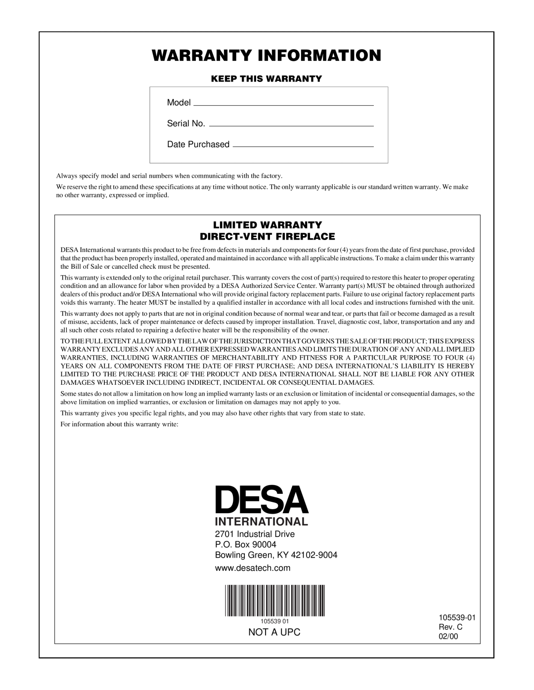 Desa DDV37N/P, BDV41N/P, BDV37N/P, B) Warranty Information, International, Limited Warranty Direct-Ventfireplace, Not A Upc 