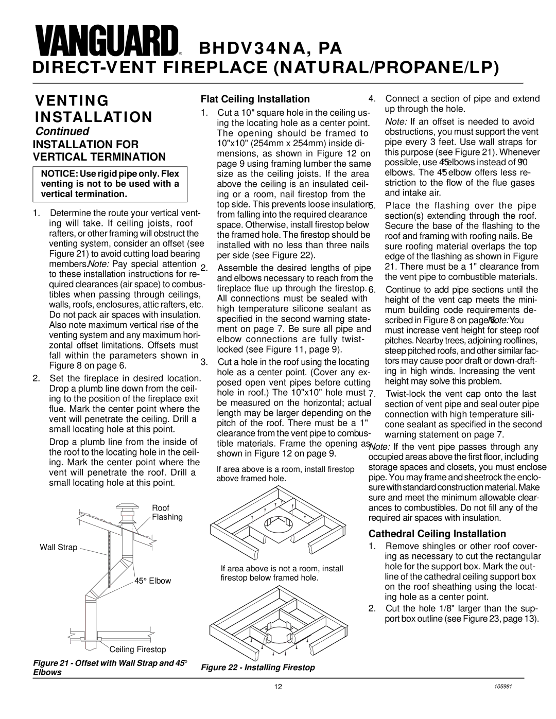 Desa BHDV34NA, BHDV34PA Installation for Vertical Termination, Flat Ceiling Installation, Cathedral Ceiling Installation 