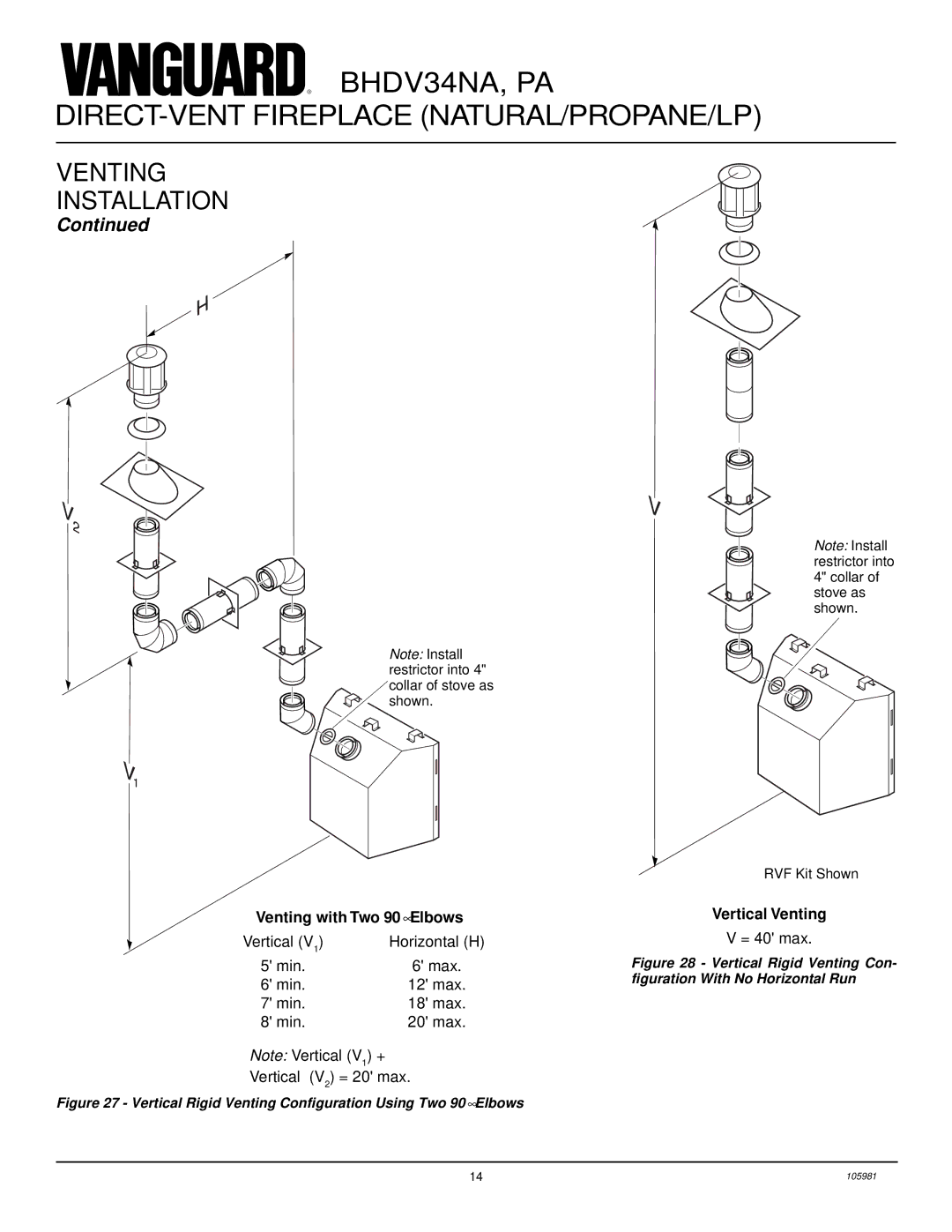 Desa BHDV34NA, BHDV34PA installation manual Vertical Venting, Vertical Rigid Venting Configuration Using Two 90 Elbows 