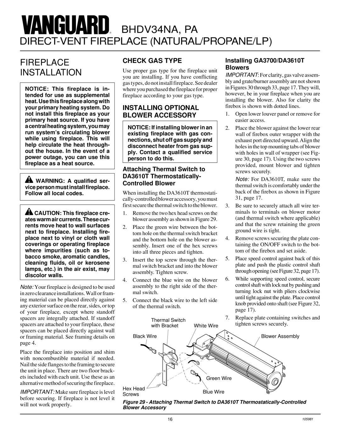 Desa BHDV34NA, BHDV34PA installation manual Fireplace Installation, Check GAS Type, Installing Optional Blower Accessory 