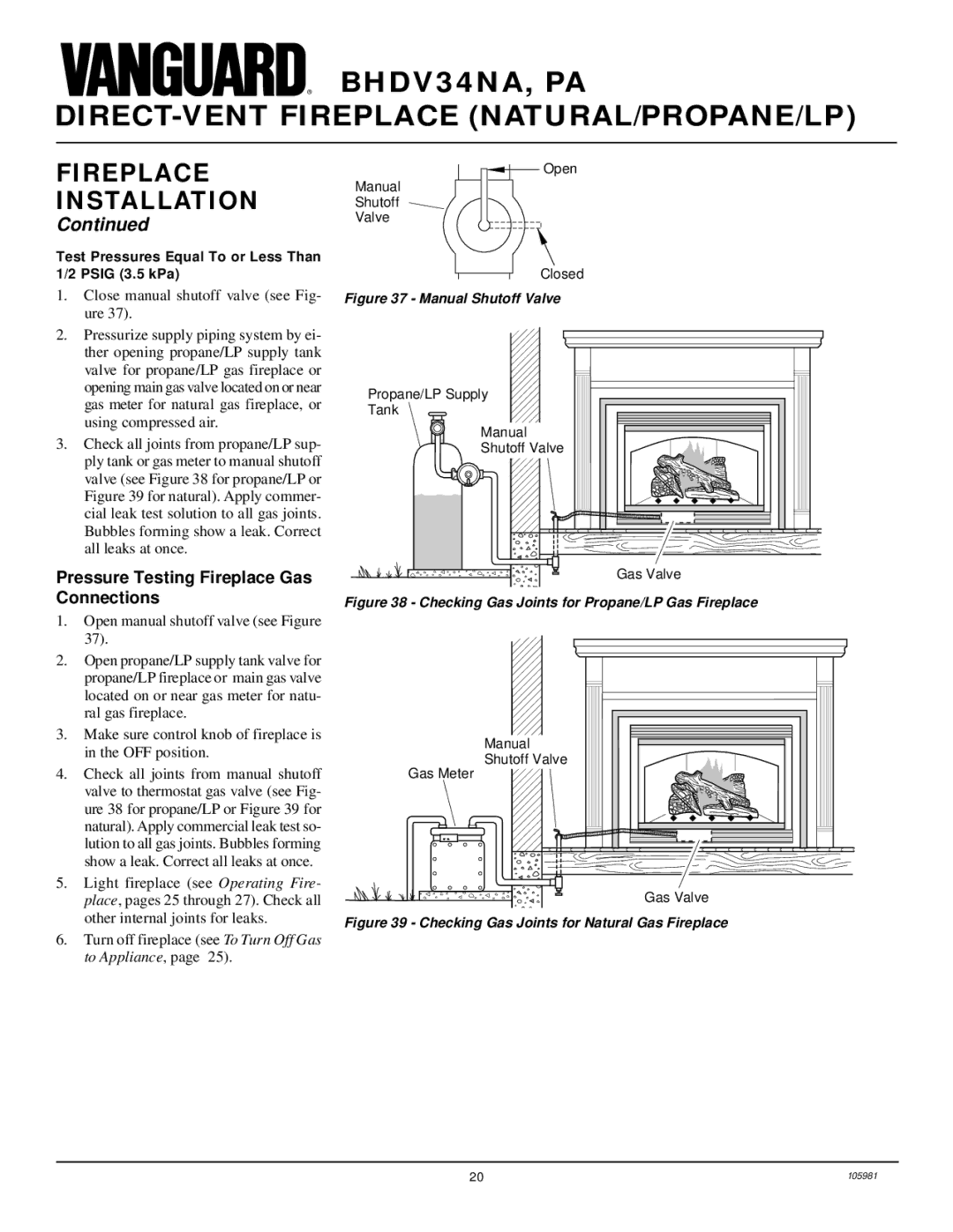 Desa BHDV34NA, BHDV34PA Pressure Testing Fireplace Gas Connections, Close manual shutoff valve see Fig- ure 