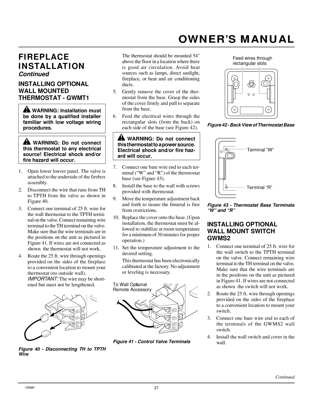 Desa BHDV34PA, BHDV34NA Installing Optional Wall Mounted Thermostat GWMT1, Installing Optional Wall Mount Switch GWMS2 