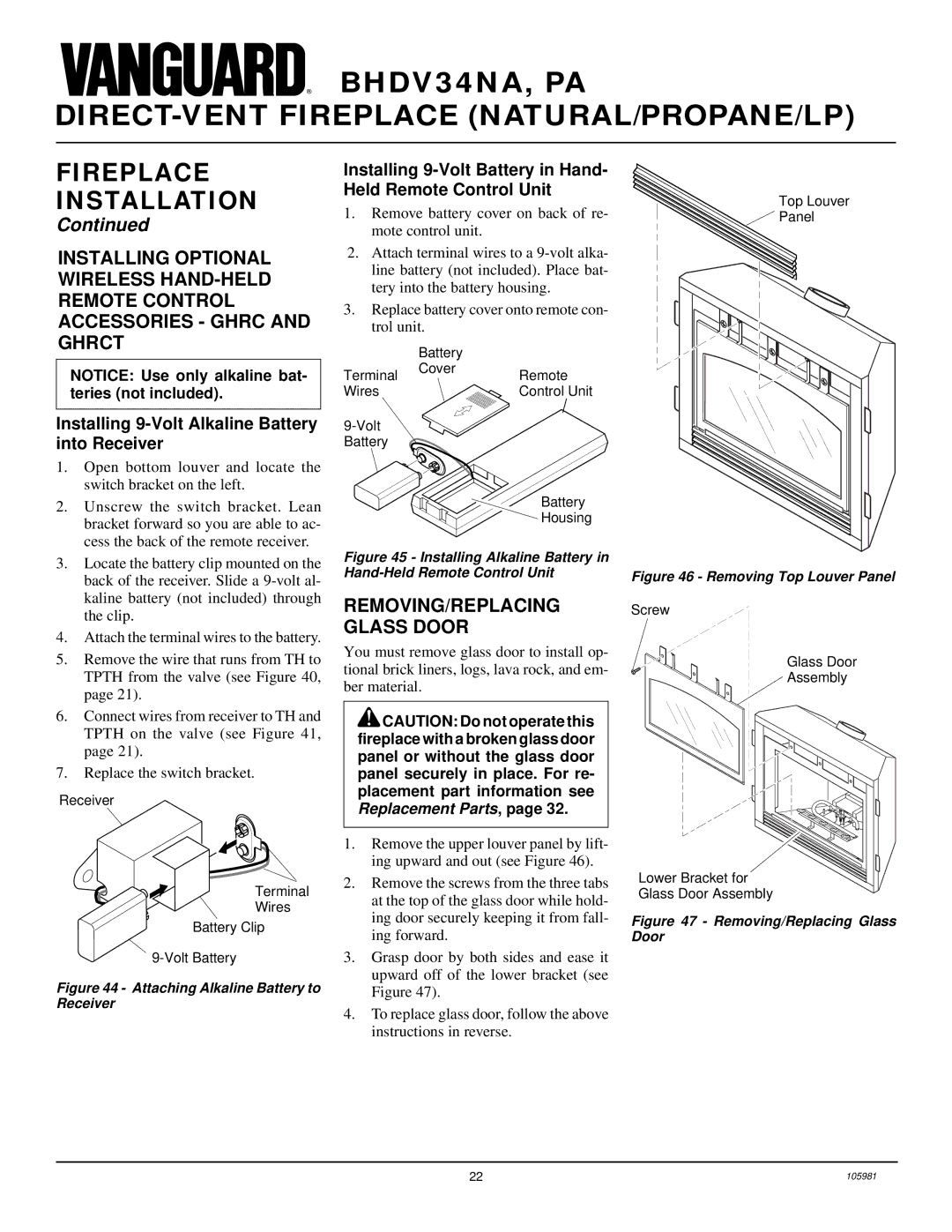 Desa BHDV34NA, BHDV34PA installation manual REMOVING/REPLACING Glass Door, Installing 9-Volt Alkaline Battery into Receiver 