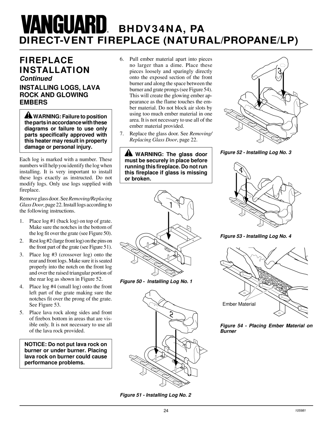 Desa BHDV34NA, BHDV34PA installation manual Installing LOGS, Lava Rock and Glowing Embers, Installing Log No 