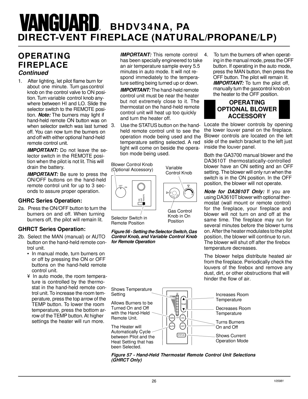 Desa BHDV34NA, BHDV34PA Operating Optional Blower Accessory, Ghrc Series Operation, Ghrct Series Operation 