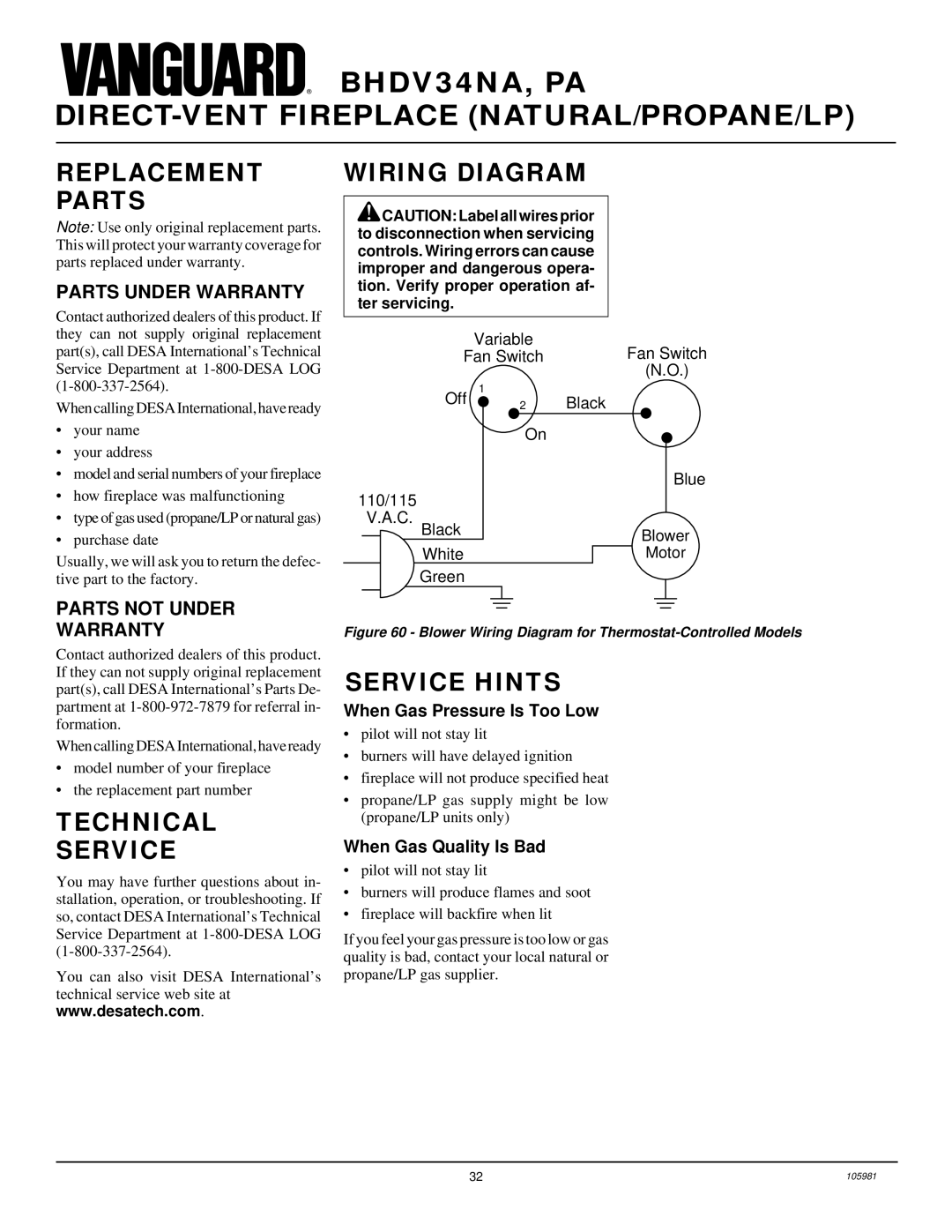 Desa BHDV34NA, BHDV34PA installation manual Replacement Parts, Wiring Diagram, Technical Service, Service Hints 