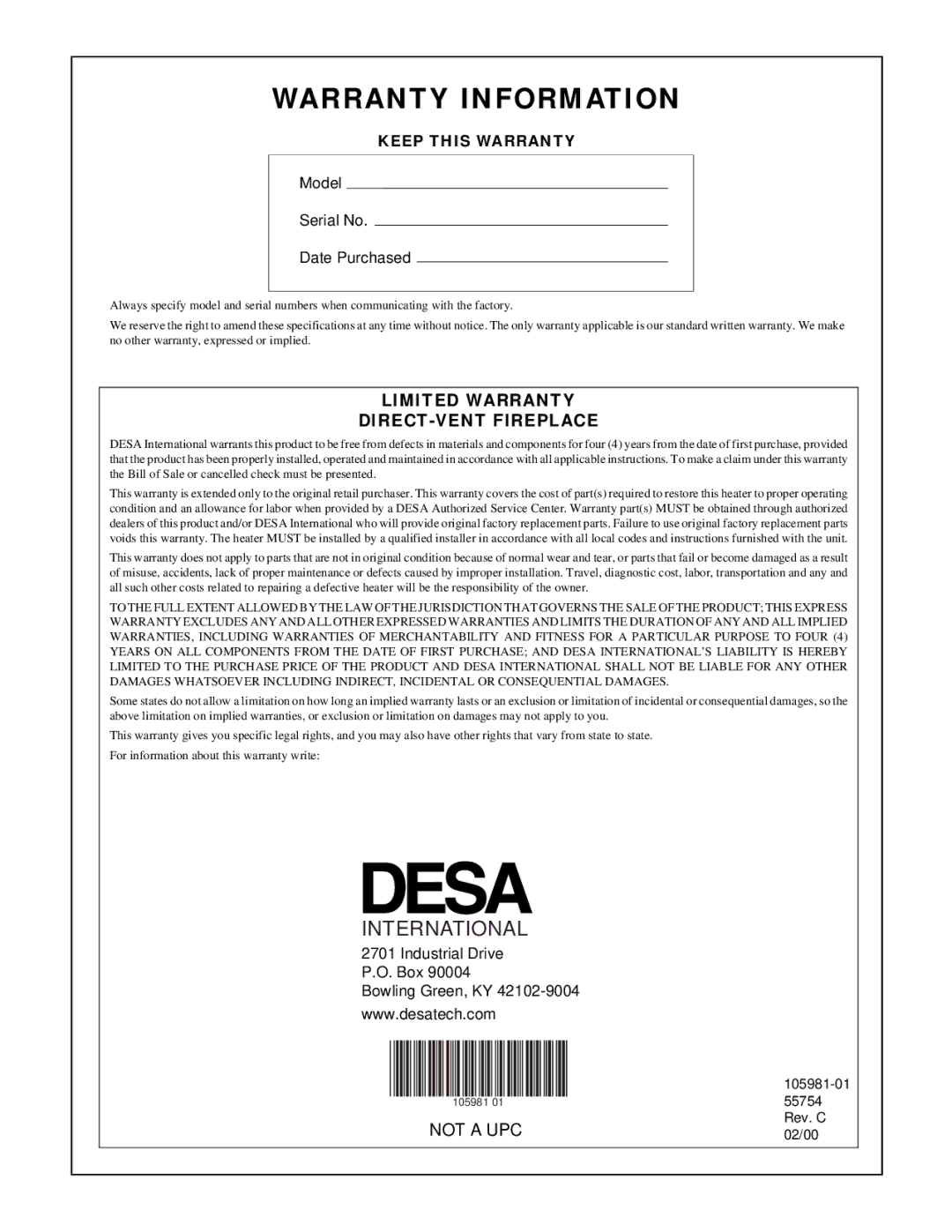 Desa BHDV34NA, BHDV34PA installation manual Warranty Information 