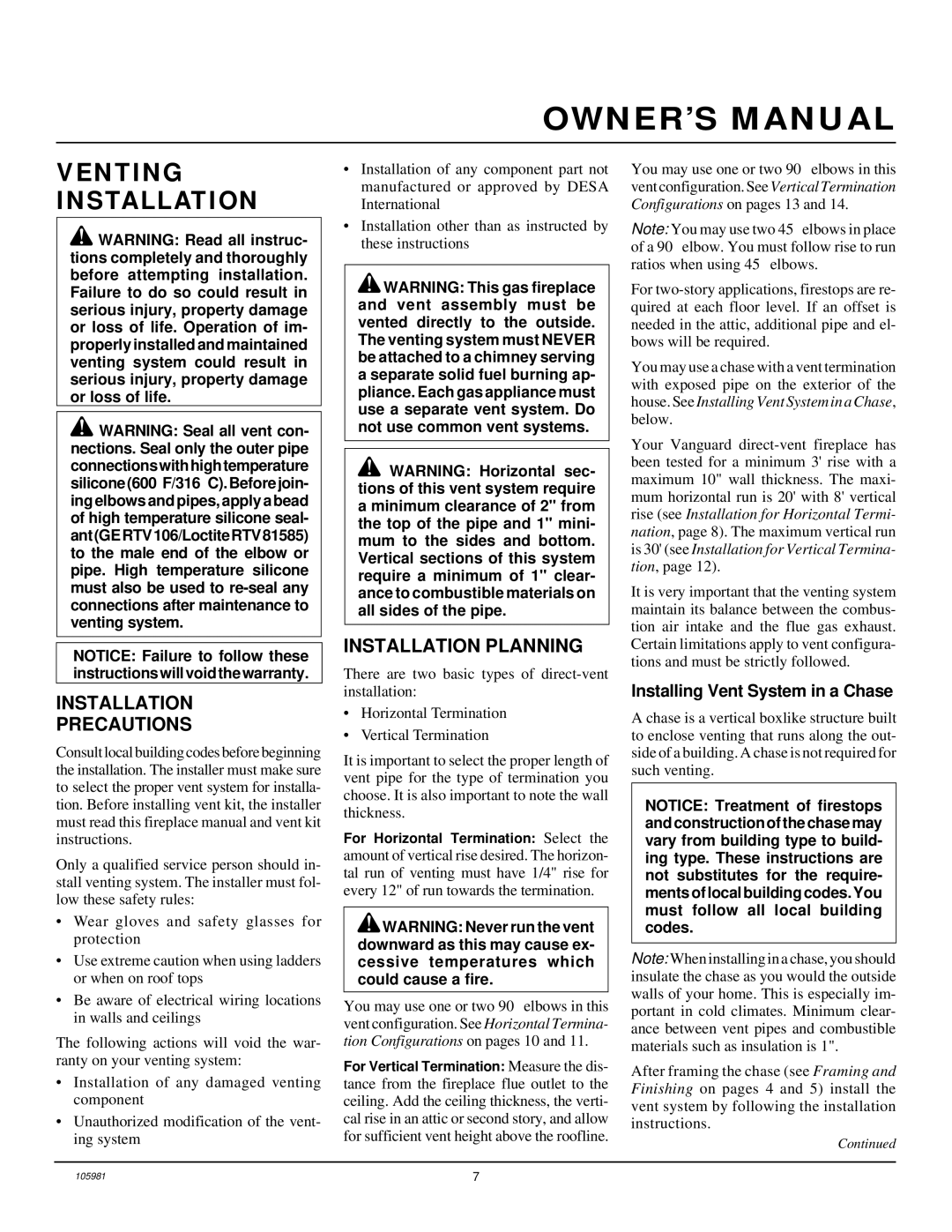 Desa BHDV34PA Venting Installation, Installation Precautions, Installation Planning, Installing Vent System in a Chase 