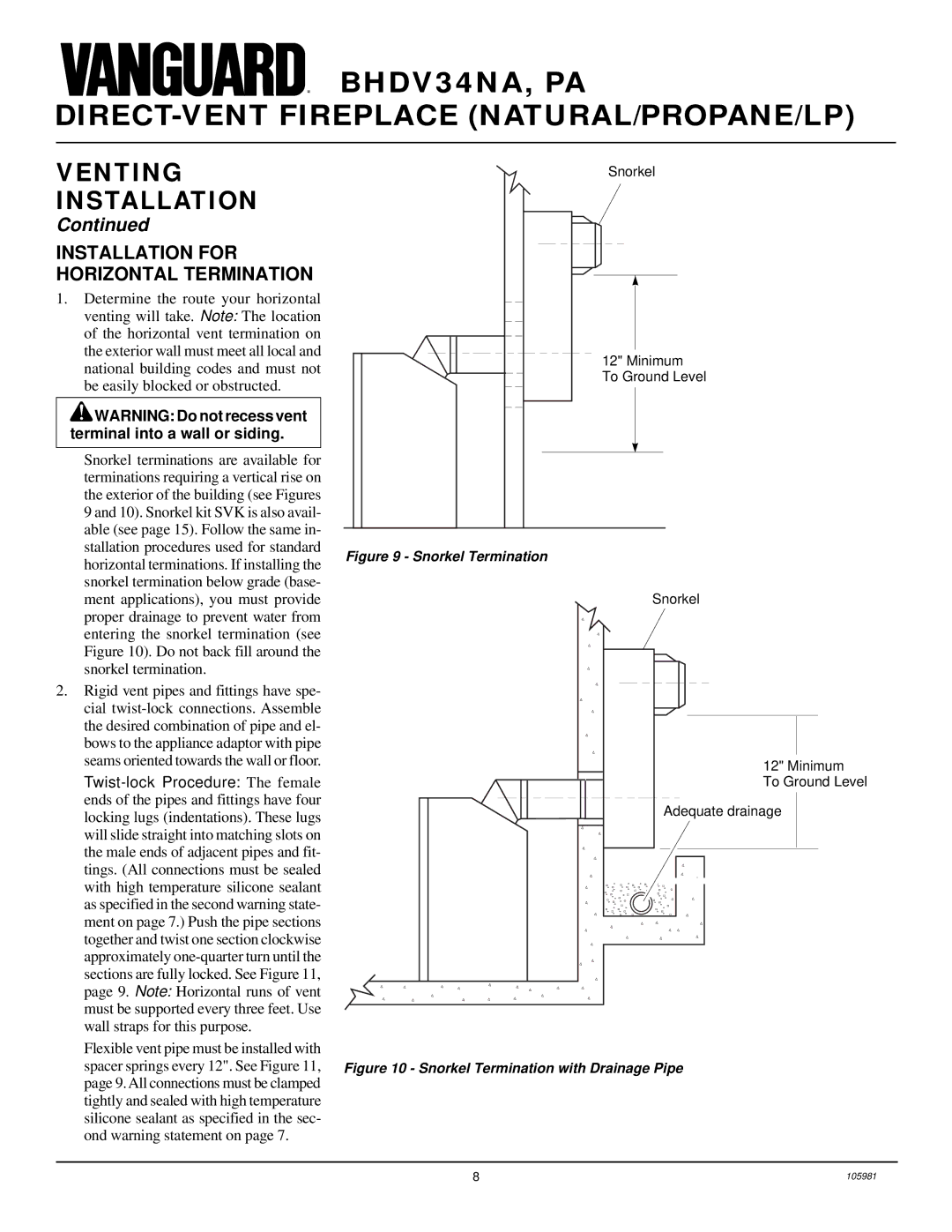 Desa BHDV34NA, BHDV34PA installation manual Installation for Horizontal Termination, Snorkel Termination 