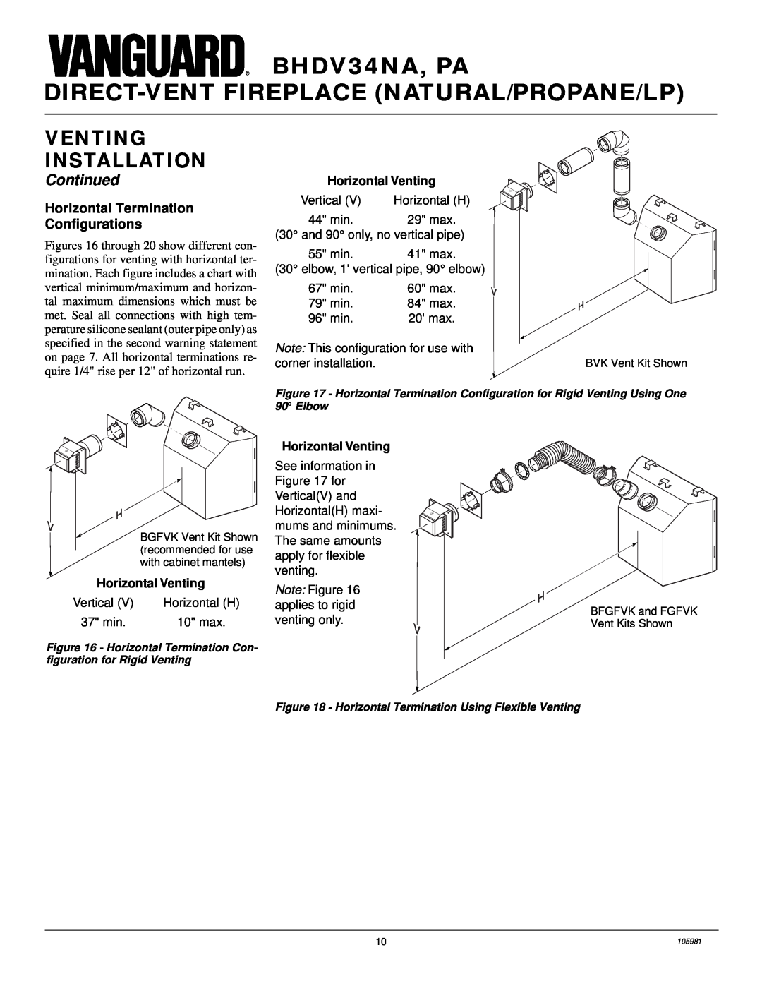 Desa Horizontal Termination Configurations, BHDV34NA, PA, Direct-Ventfireplace Natural/Propane/Lp, Venting Installation 