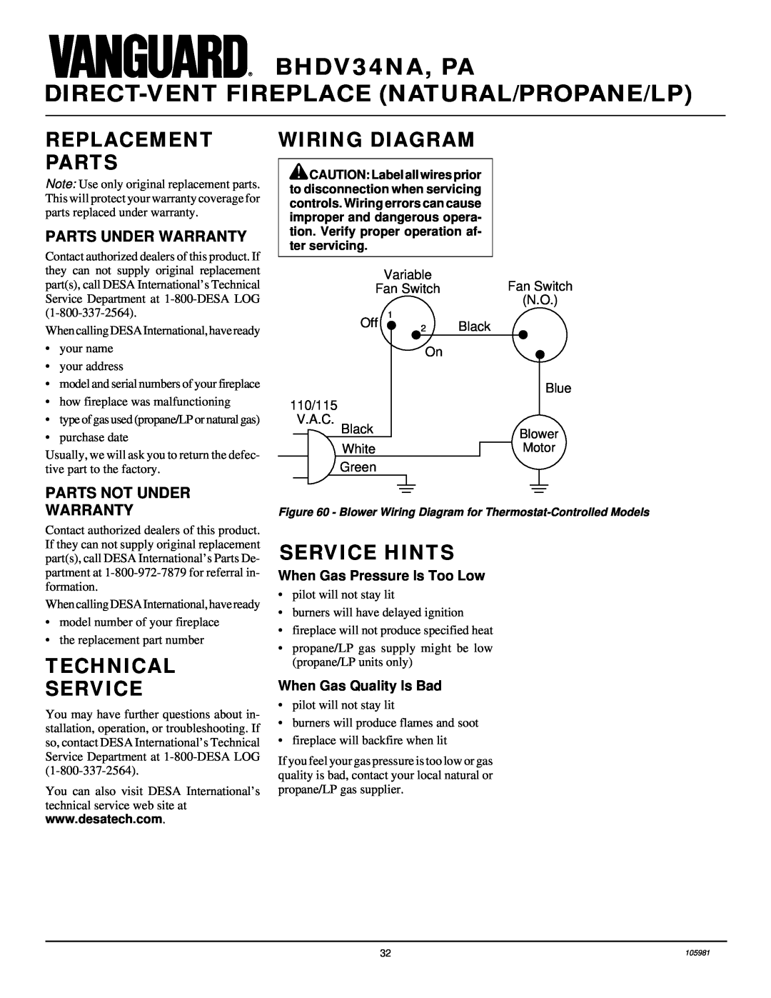 Desa BHDV34PA Replacement Parts, Wiring Diagram, Technical Service, Service Hints, Parts Under Warranty, BHDV34NA, PA 