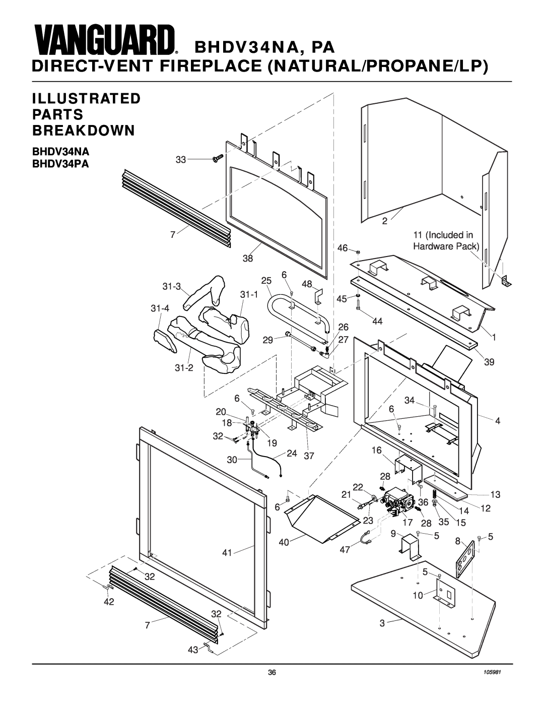 Desa Illustrated Parts Breakdown, BHDV34NA BHDV34PA, BHDV34NA, PA, Direct-Ventfireplace Natural/Propane/Lp 