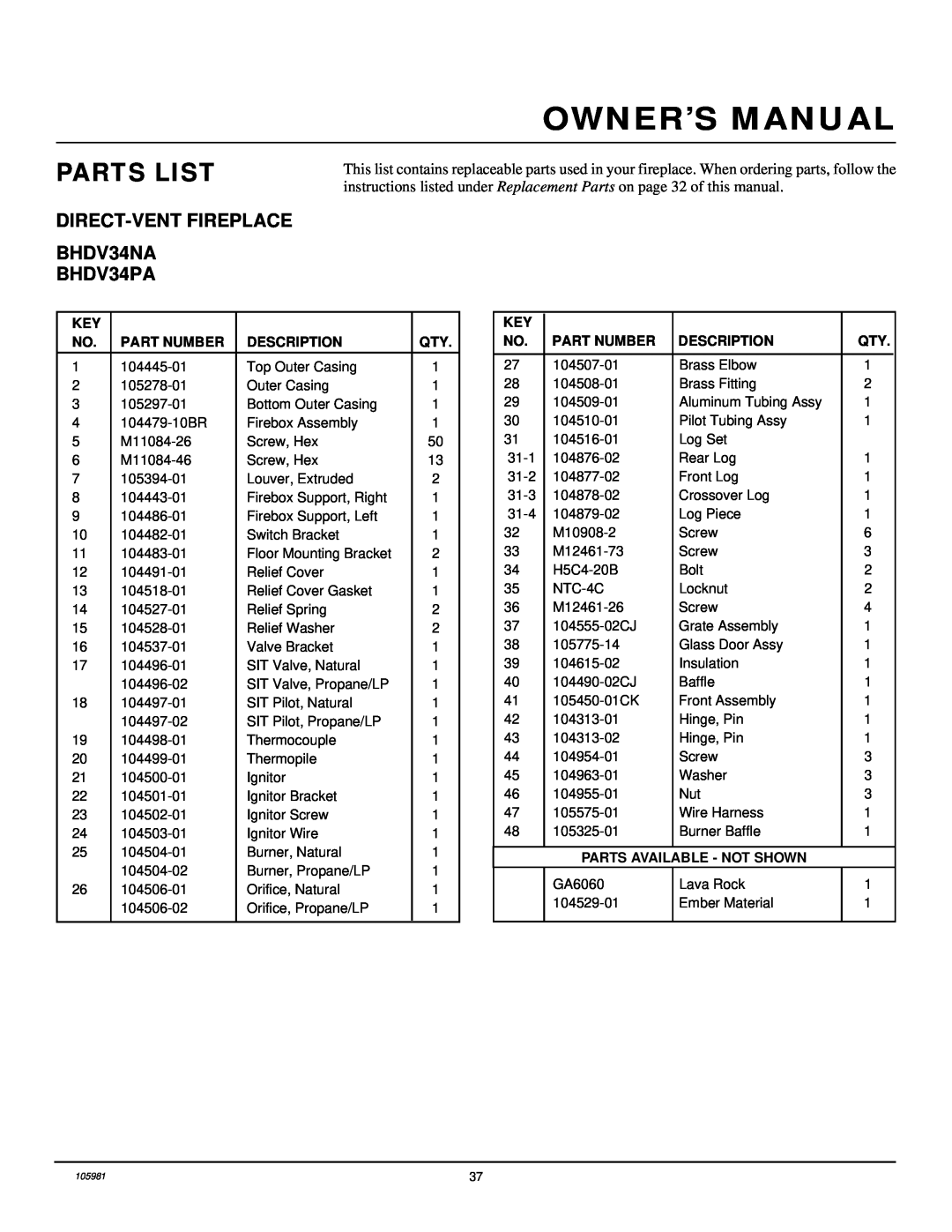 Desa installation manual Parts List, DIRECT-VENTFIREPLACE BHDV34NA BHDV34PA 