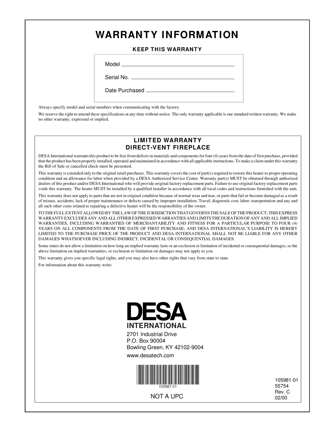 Desa BHDV34NA, BHDV34PA Warranty Information, Limited Warranty Direct-Ventfireplace, International, Not A Upc 