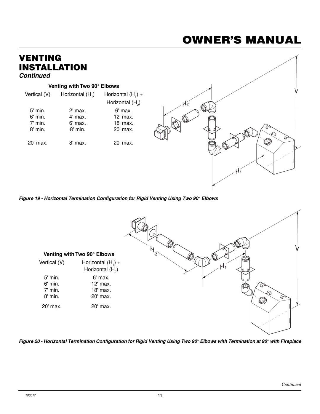 Desa BHDV37NC, BHDV41NC, BHDV37PC, BHDV41PC installation manual Venting with Two 90 Elbows 