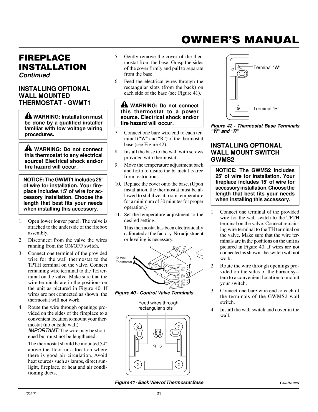 Desa BHDV37PC, BHDV41NC Installing Optional Wall Mounted Thermostat GWMT1, Installing Optional Wall Mount Switch GWMS2 