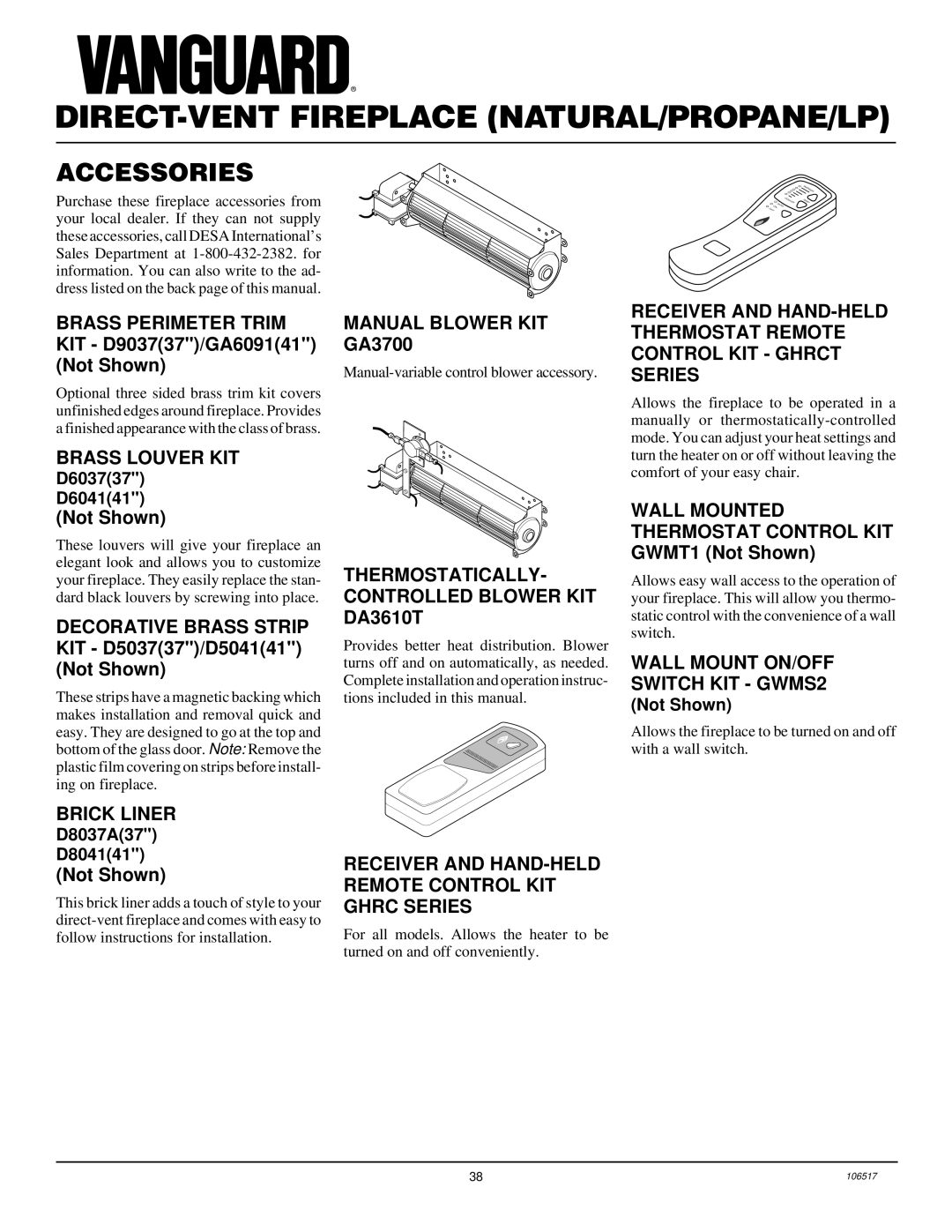 Desa BHDV41PC, BHDV41NC, BHDV37PC, BHDV37NC installation manual Accessories 