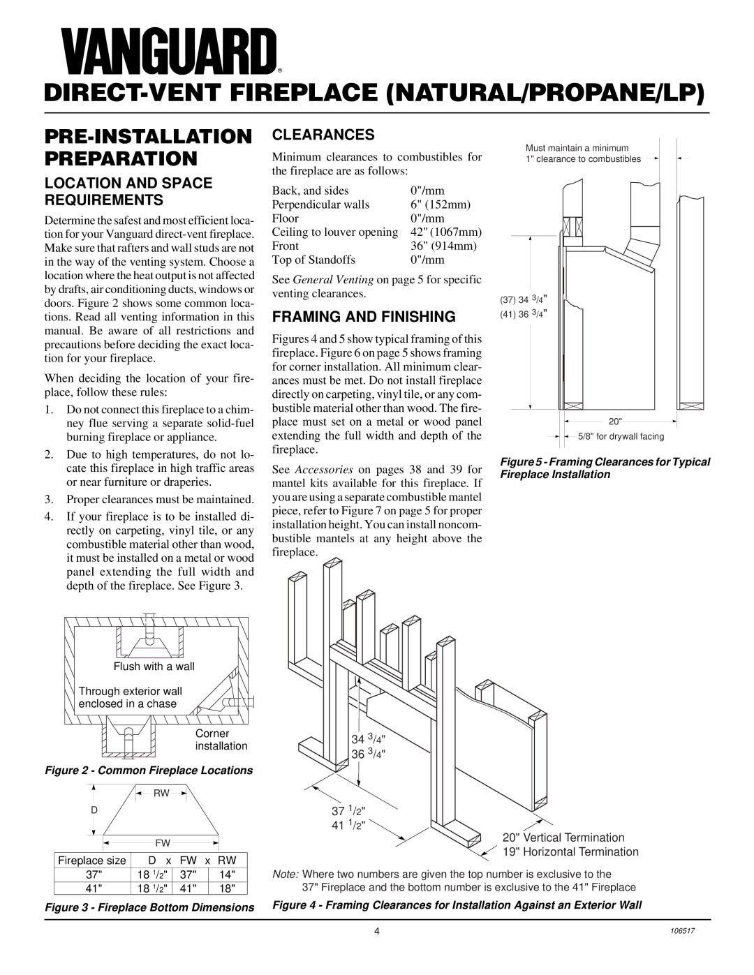 Desa BHDV41NC, BHDV37PC PRE-INSTALLATION Preparation, Clearances, Location and Space Requirements, Framing and Finishing 