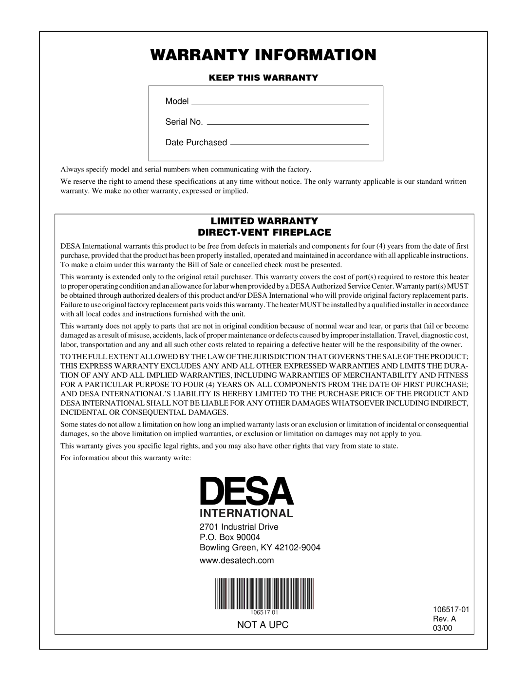 Desa BHDV41NC, BHDV37PC, BHDV41PC, BHDV37NC installation manual Warranty Information 