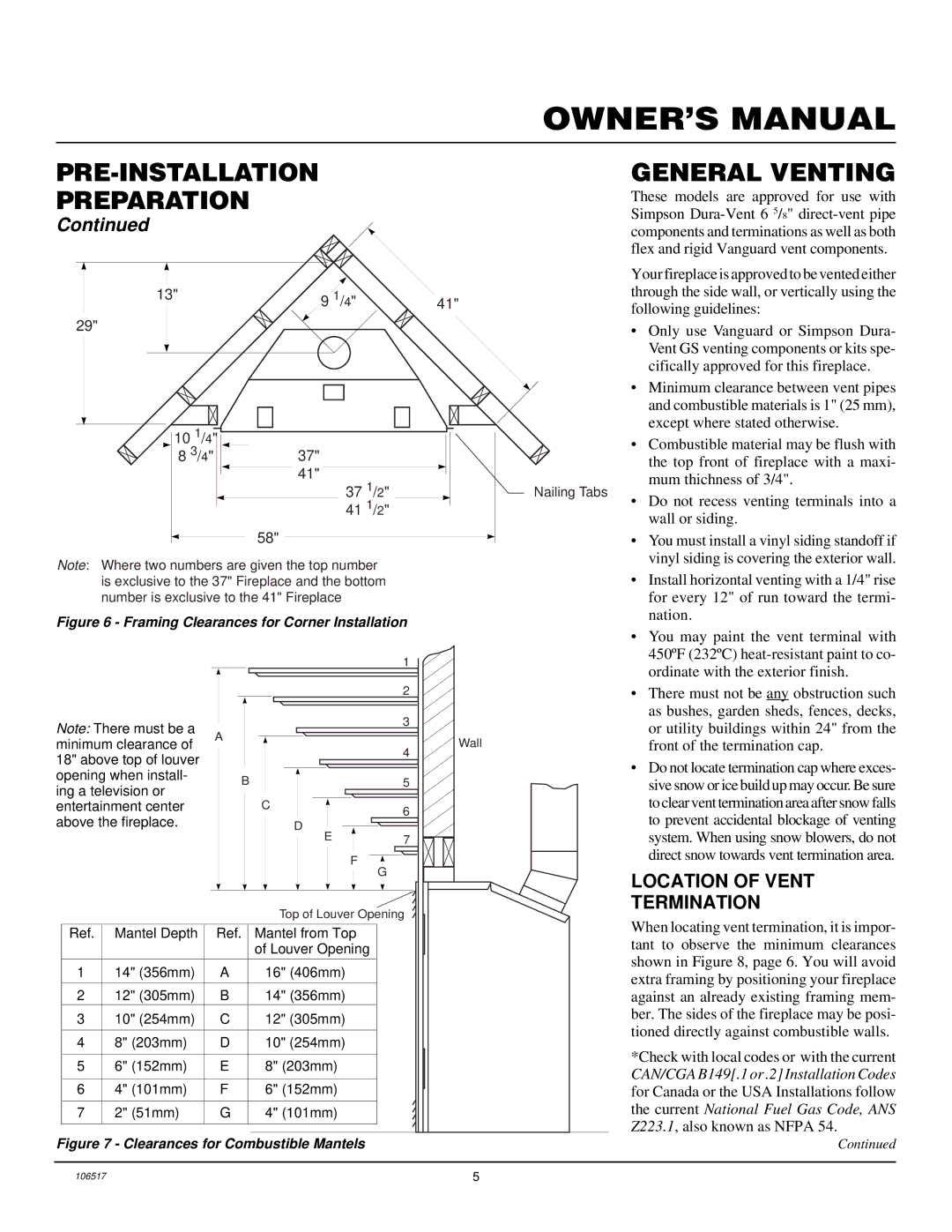 Desa BHDV37PC, BHDV41NC, BHDV41PC, BHDV37NC PRE-INSTALLATION Preparation General Venting, Location of Vent Termination 