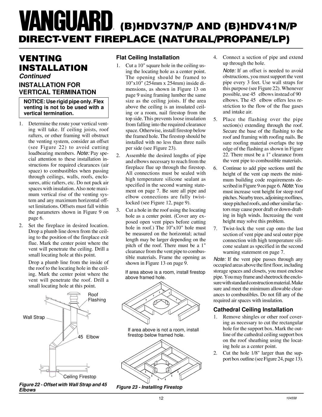 Desa BHDV41N/P, BHDV37N/P Installation for Vertical Termination, Flat Ceiling Installation, Cathedral Ceiling Installation 