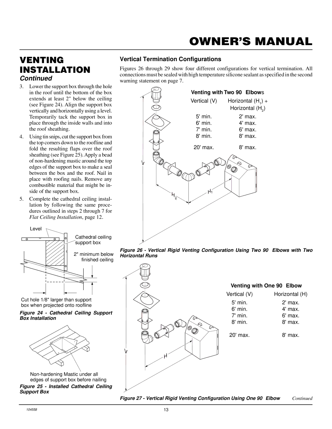 Desa BHDV37N/P, BHDV41N/P installation manual Vertical Termination Configurations, Vertical Horizontal H 1 + Min Max 20 max 