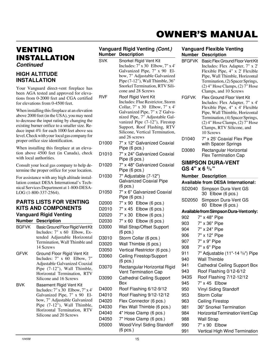 Desa HDV37N/P, BHDV41N/P High Altitude Installation, Parts Lists for Venting Kits and Components, Vanguard Rigid Venting 