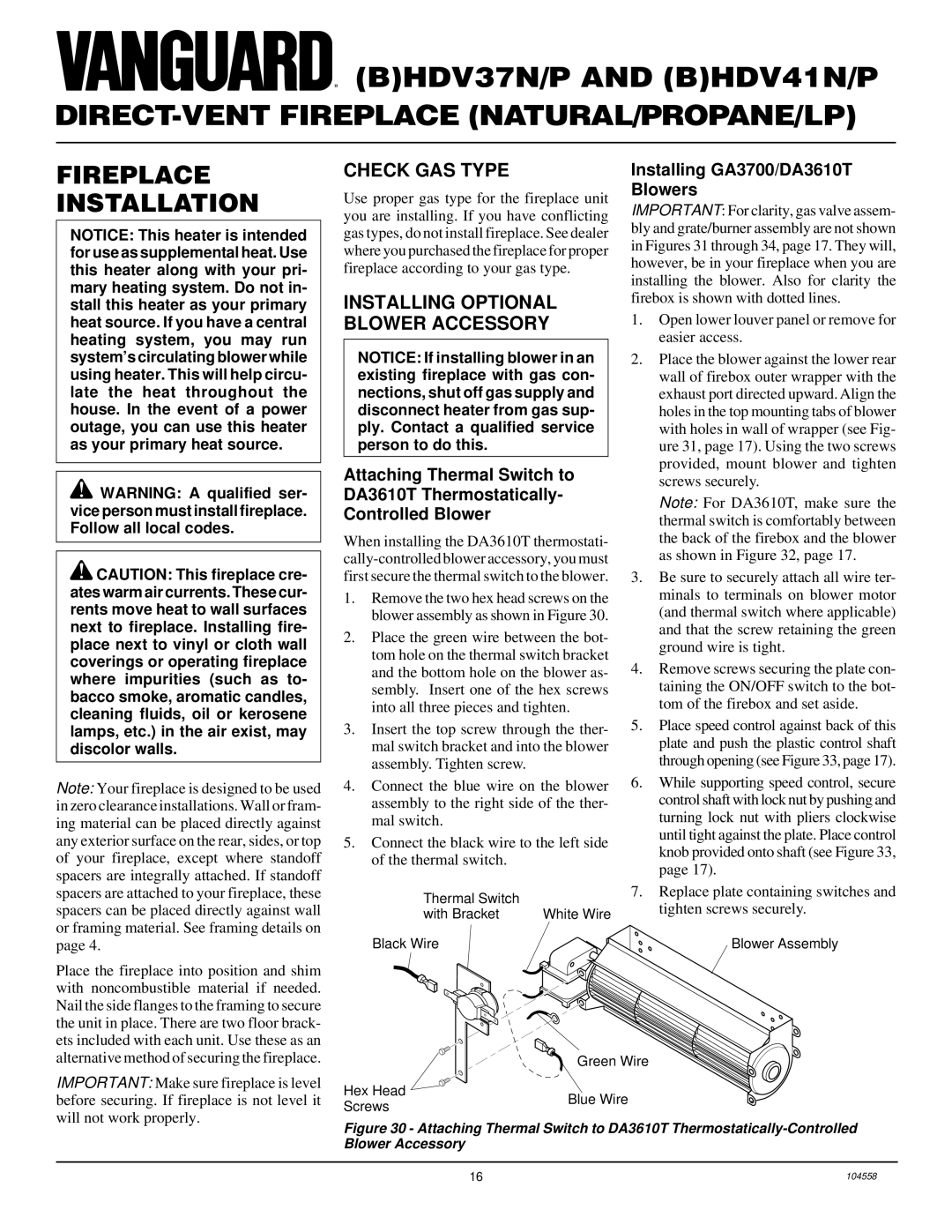 Desa BHDV41N/P, BHDV37N/P installation manual Fireplace Installation, Check GAS Type, Installing Optional Blower Accessory 