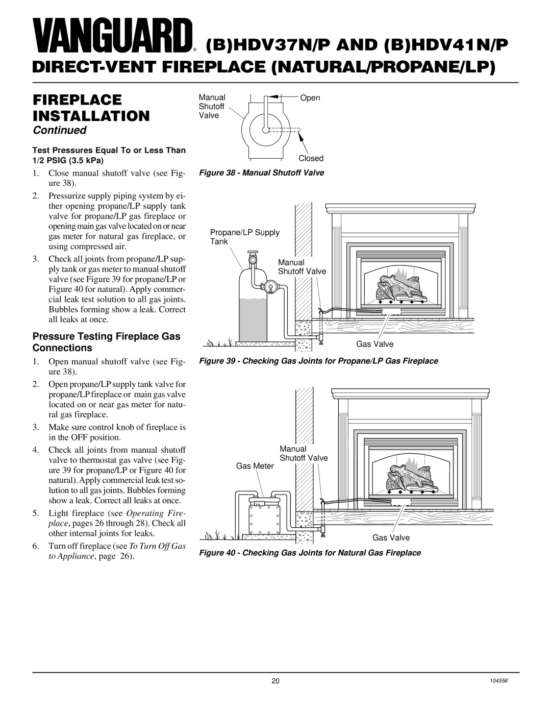 Desa BHDV41N/P, BHDV37N/P Pressure Testing Fireplace Gas Connections, Close manual shutoff valve see Fig- ure 