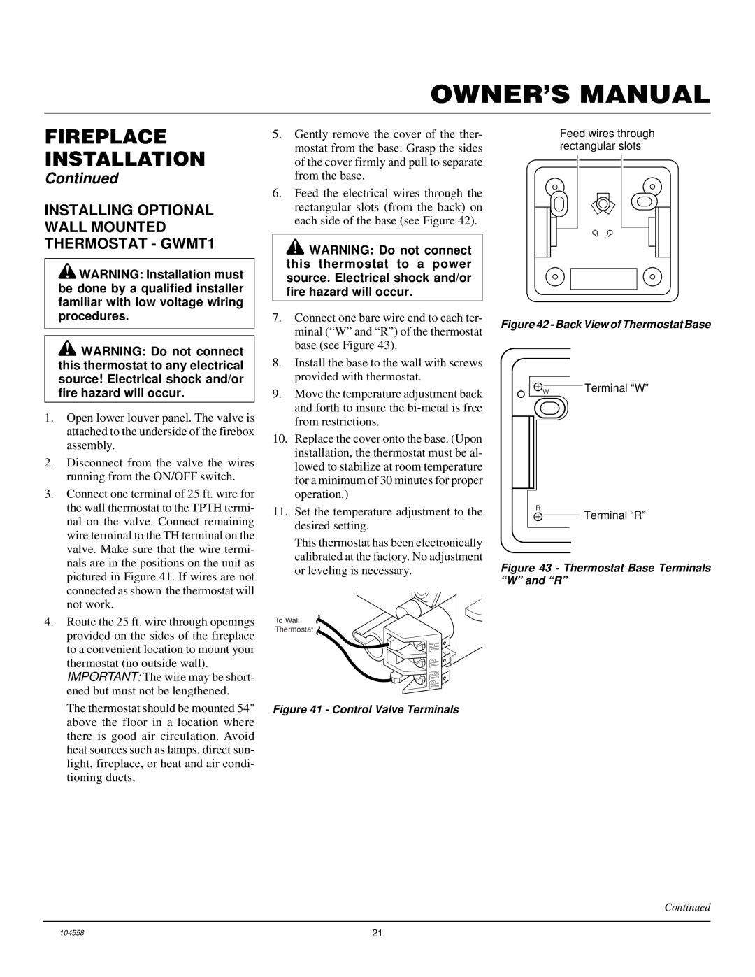 Desa BHDV37N/P, BHDV41N/P Installing Optional Wall Mounted Thermostat GWMT1, Back View of Thermostat Base 