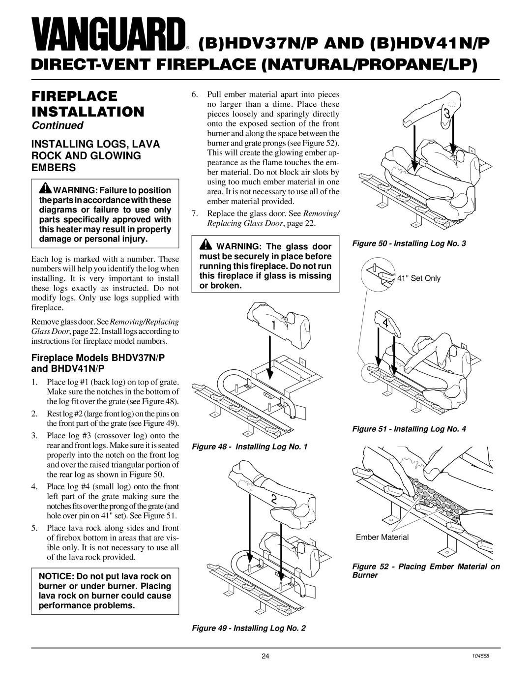 Desa installation manual Installing LOGS, Lava Rock and Glowing Embers, Fireplace Models BHDV37N/P and BHDV41N/P 