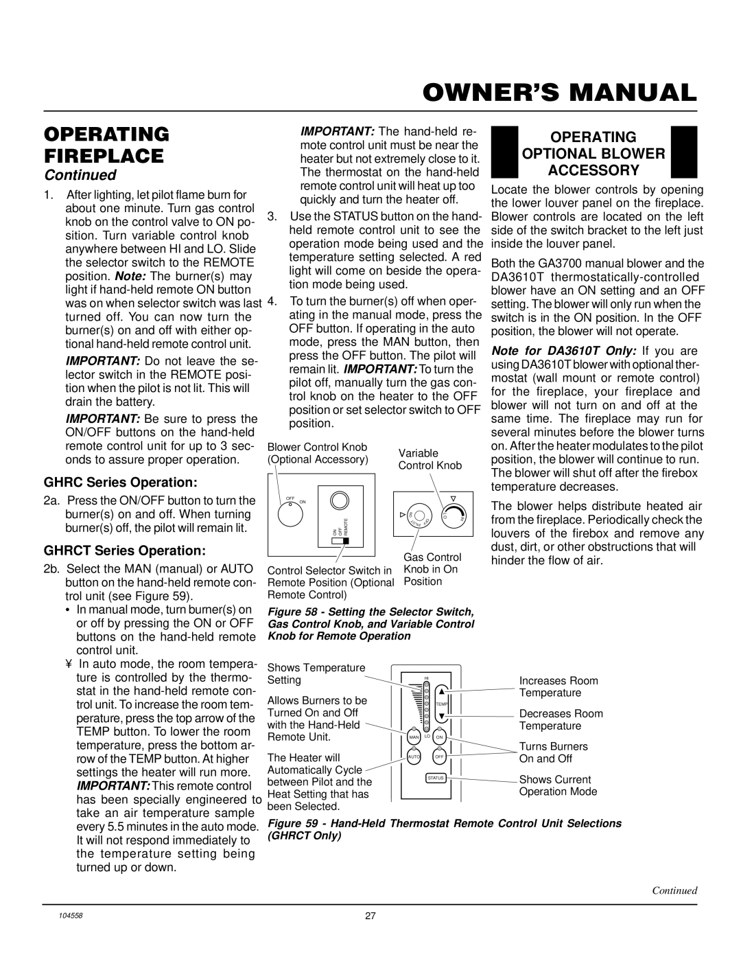 Desa BHDV41N/P, BHDV37N/P Operating Optional Blower Accessory, Ghrc Series Operation, Ghrct Series Operation 