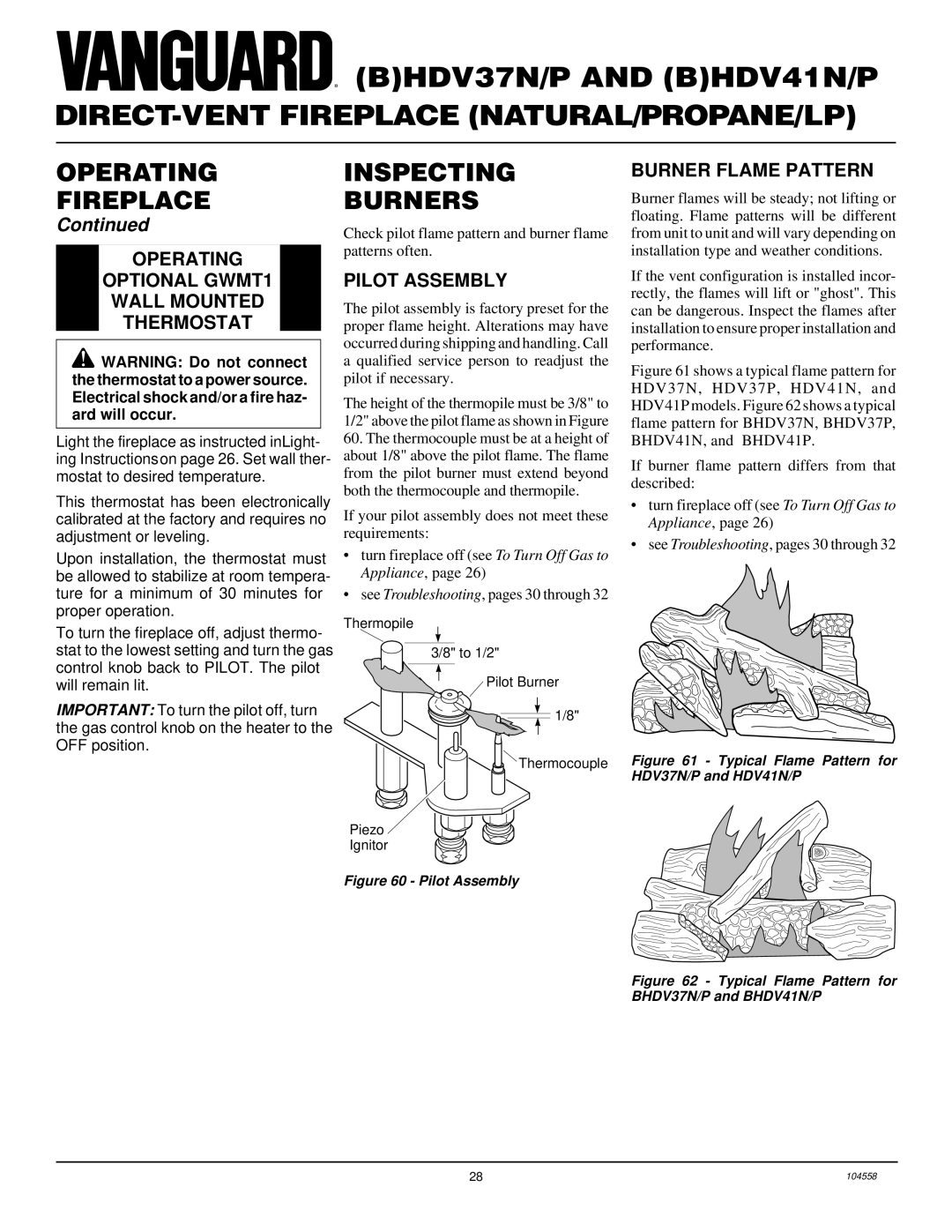 Desa BHDV41N/P Inspecting Burners, Operating Optional GWMT1 Wall Mounted Thermostat, Pilot Assembly, Burner Flame Pattern 