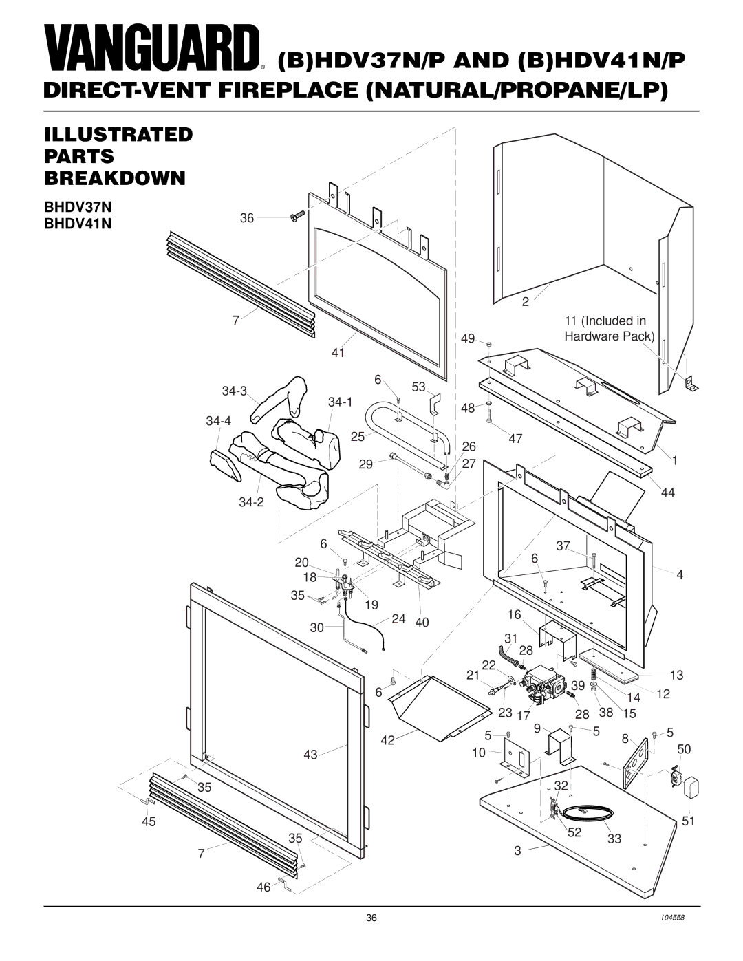 Desa BHDV41N/P, BHDV37N/P installation manual Illustrated Parts Breakdown, BHDV37N BHDV41N36 