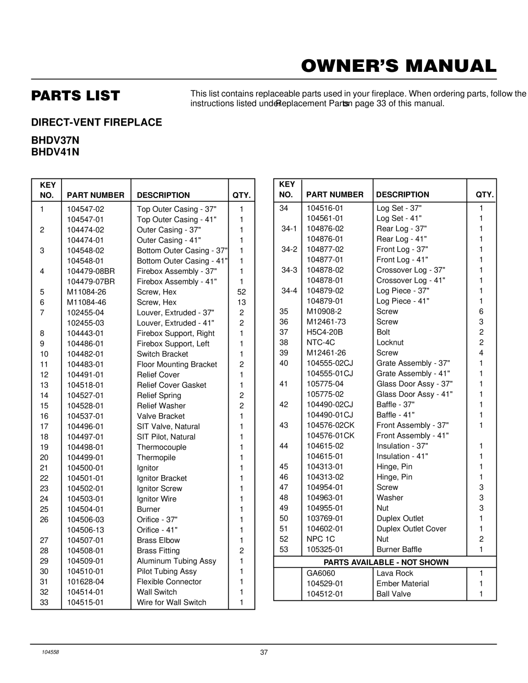 Desa BHDV37N/P, BHDV41N/P installation manual Parts List, DIRECT-VENT Fireplace BHDV37N BHDV41N 