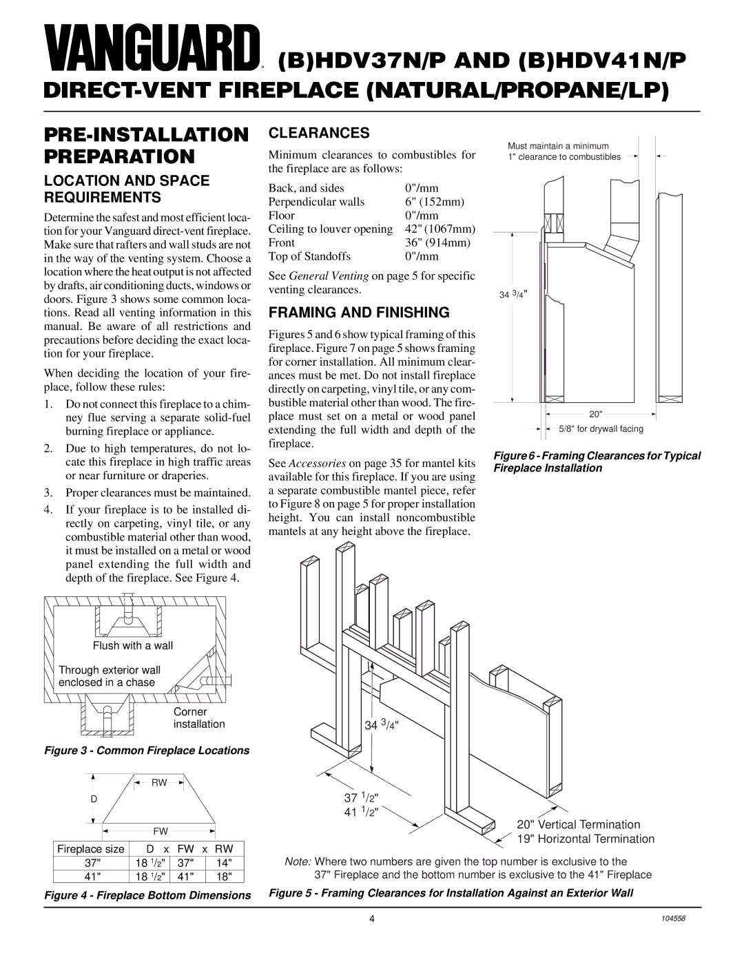 Desa BHDV41N/P, BHDV37N/P PRE-INSTALLATION Preparation, Clearances, Location and Space Requirements, Framing and Finishing 