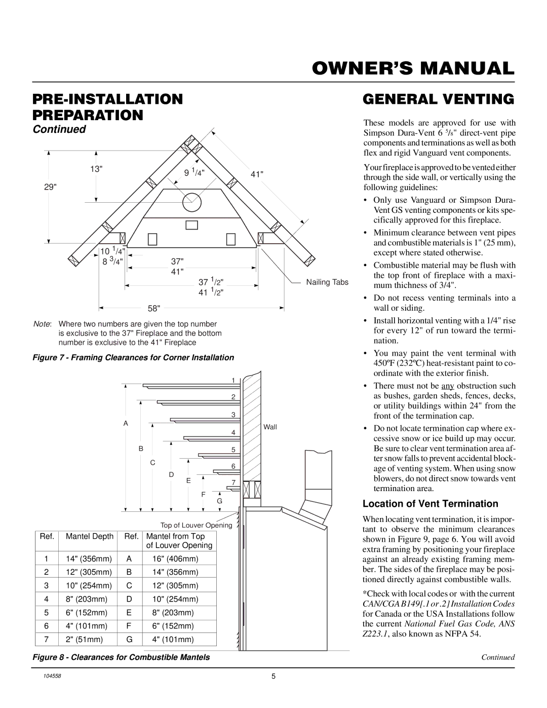 Desa BHDV37N/P, BHDV41N/P installation manual PRE-INSTALLATION Preparation General Venting, Location of Vent Termination 