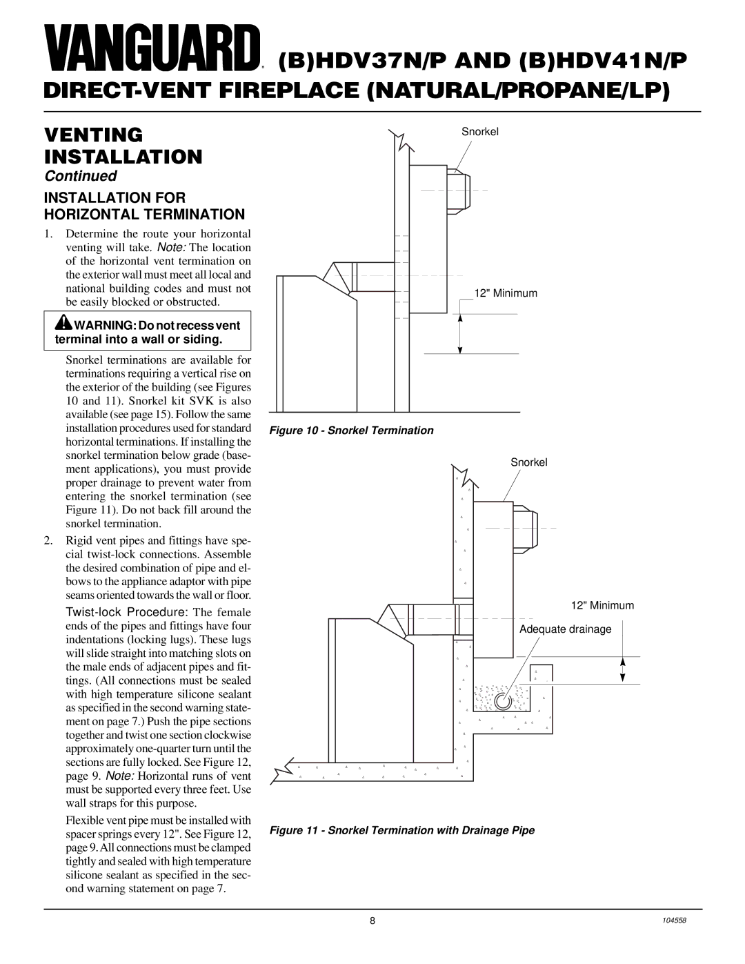 Desa BHDV41N/P, BHDV37N/P installation manual Installation for Horizontal Termination, Snorkel Termination 