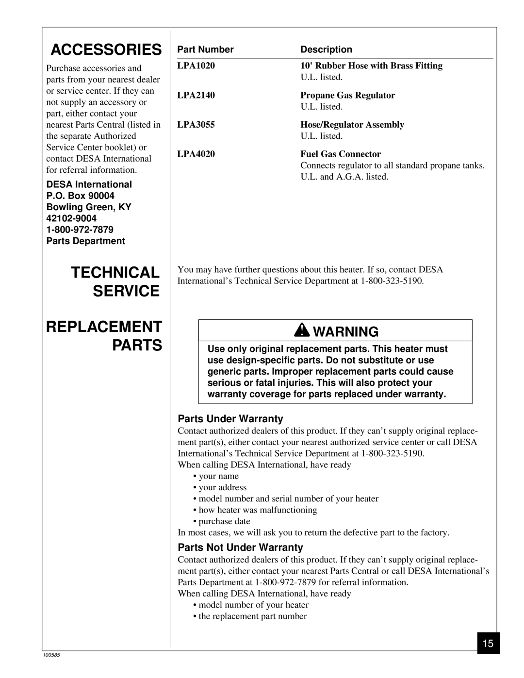 Desa BLP155AT owner manual Accessories, Technical Service Replacement Parts, Parts Under Warranty, Parts Not Under Warranty 