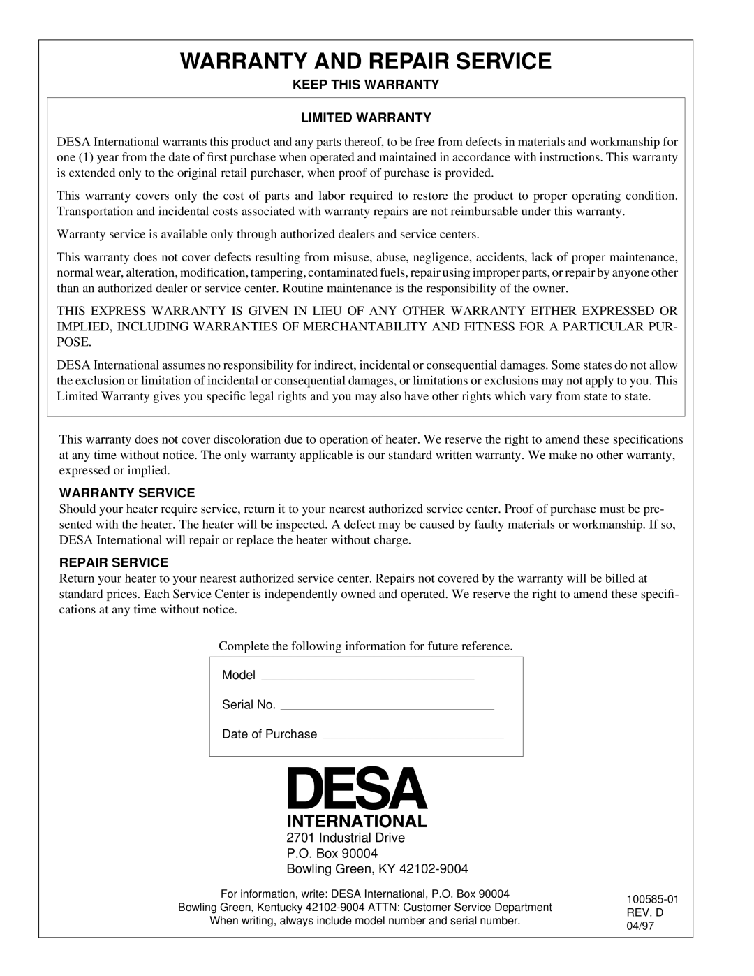 Desa BLP155AT owner manual Warranty and Repair Service, Keep this Warranty Limited Warranty 