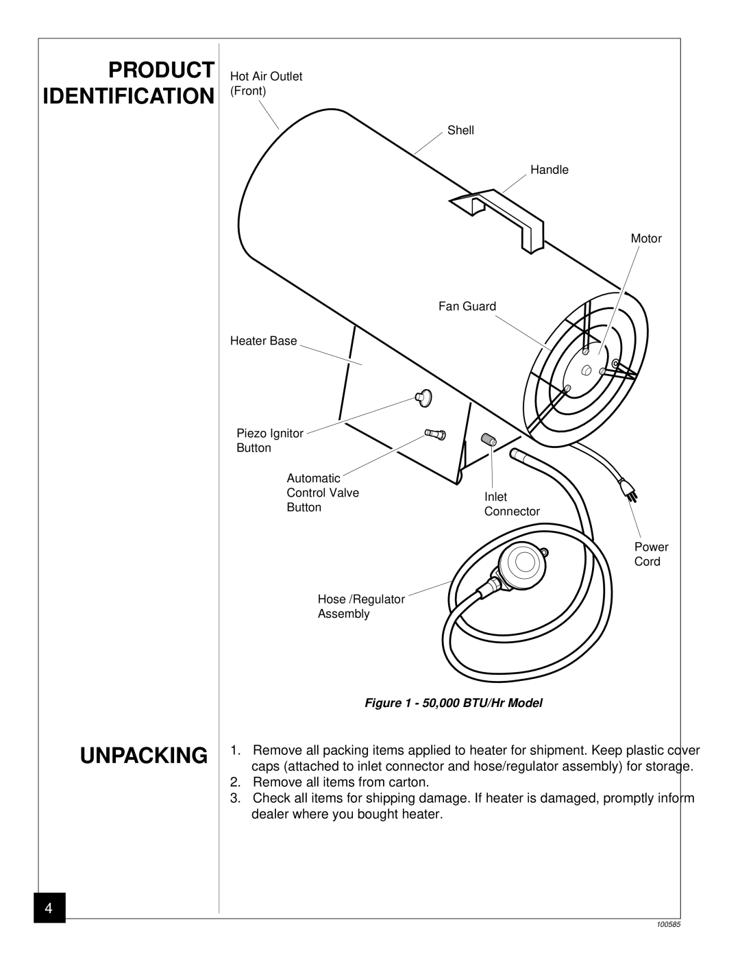 Desa BLP155AT owner manual Unpacking, 50,000 BTU/Hr Model 