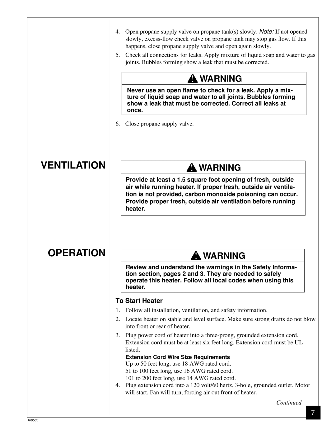 Desa BLP155AT owner manual Ventilation Operation, To Start Heater 