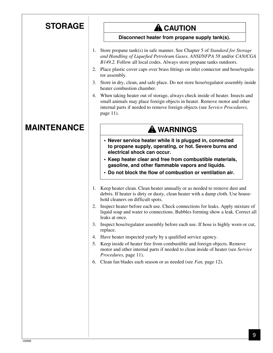 Desa BLP155AT owner manual Storage Maintenance, Disconnect heater from propane supply tanks 