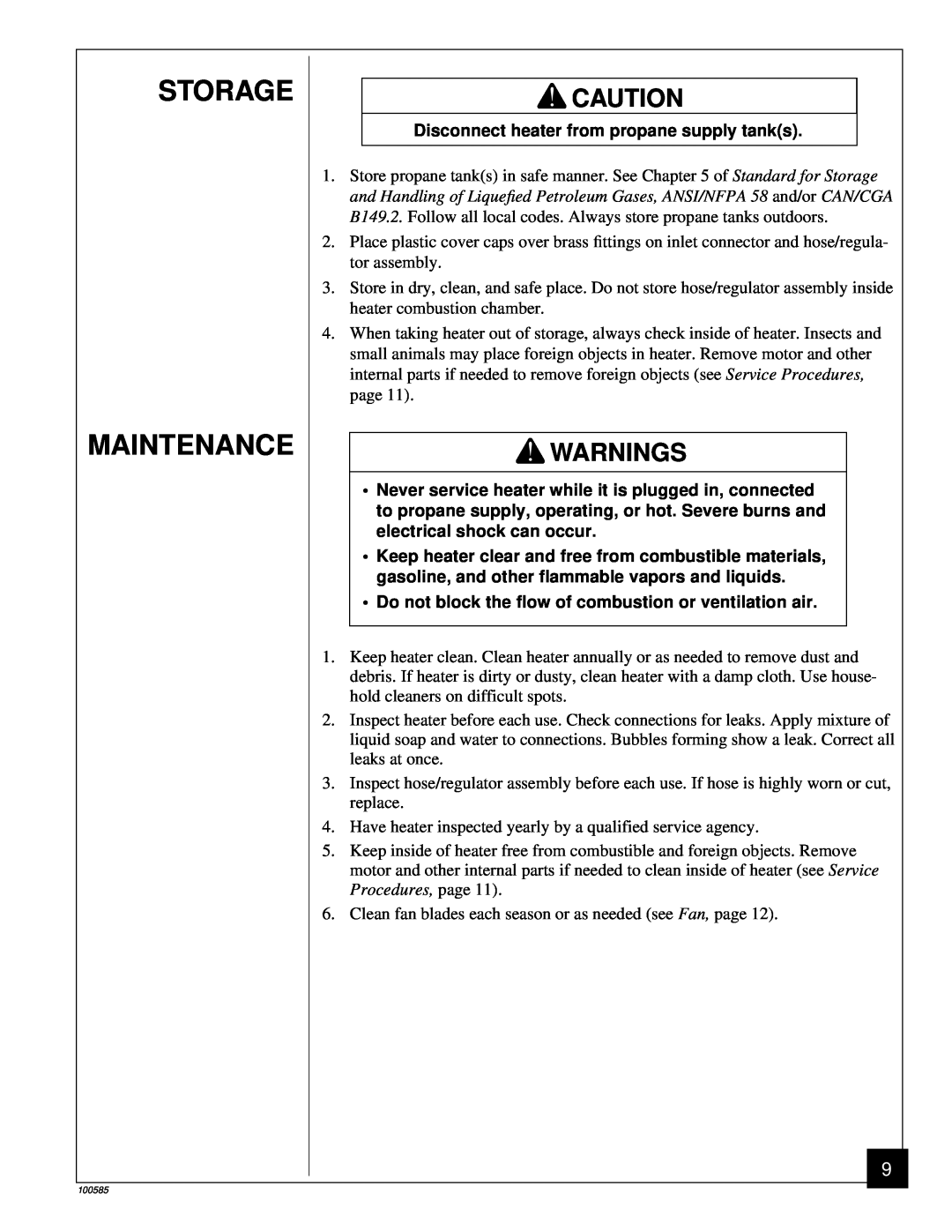 Desa BLP155AT owner manual Storage Maintenance, Warnings, Disconnect heater from propane supply tanks 