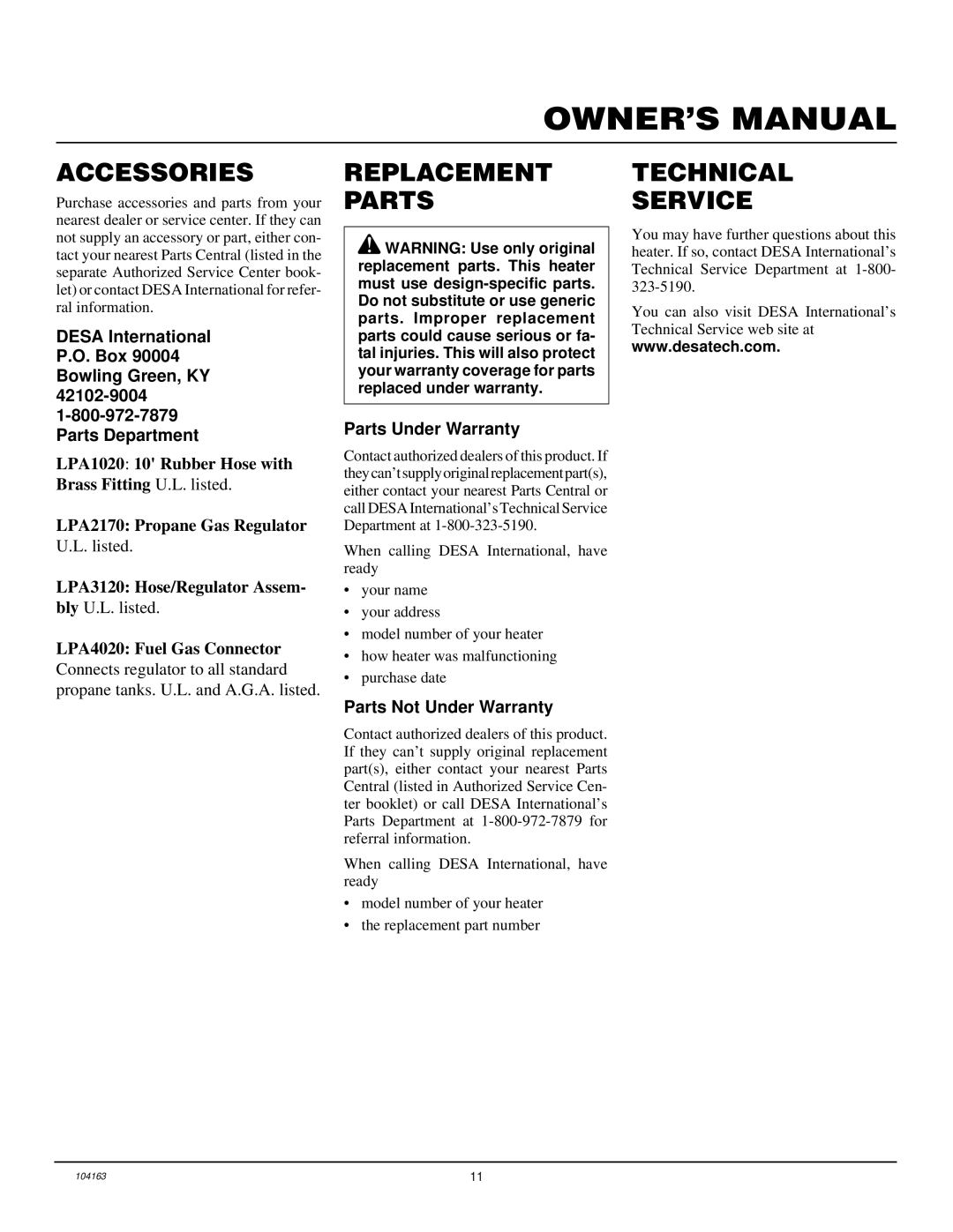 Desa 30LP, BLP30, RLP30 owner manual Accessories, Replacement Parts, Technical Service 