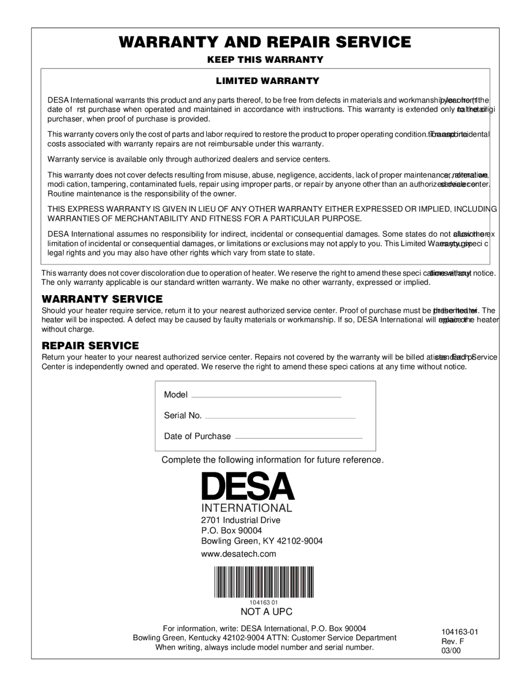 Desa 30LP, BLP30, RLP30 owner manual Warranty Service, Repair Service 