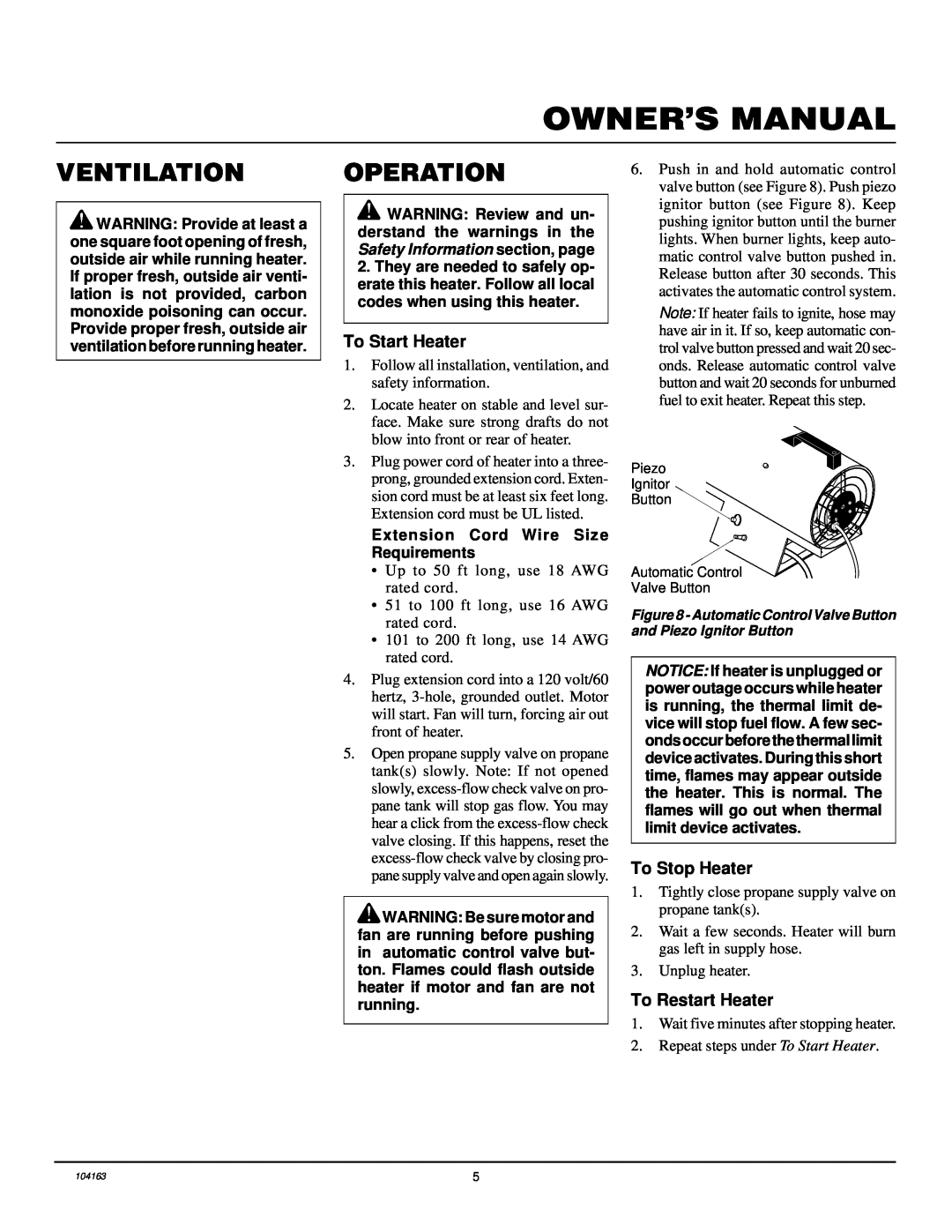 Desa 30LP, BLP30, RLP30 owner manual Ventilation, Operation, To Start Heater, To Stop Heater, To Restart Heater 